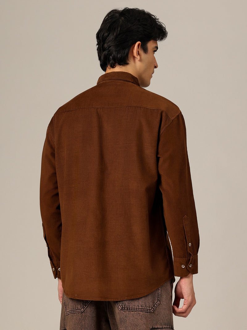 Brown: Textured Oversized Drop-Shoulder Corduroy Shirt
