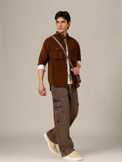 Brown: Textured Oversized Drop-Shoulder Corduroy Shirt