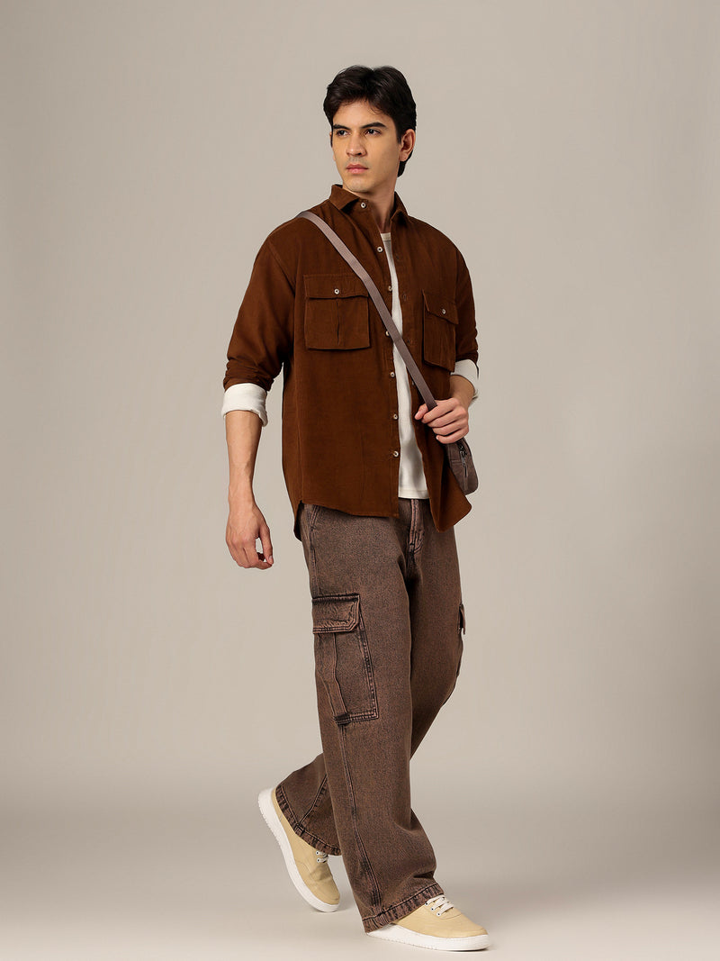 Brown: Textured Oversized Drop-Shoulder Corduroy Shirt