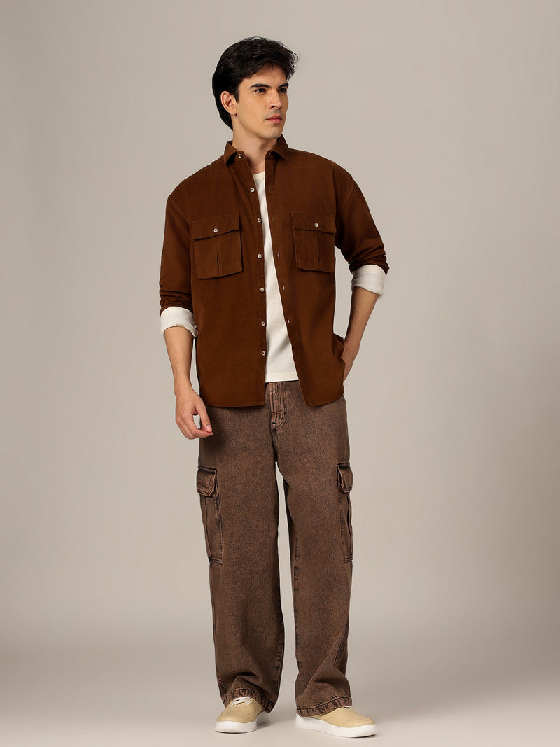 Brown: Textured Oversized Drop-Shoulder Corduroy Shirt