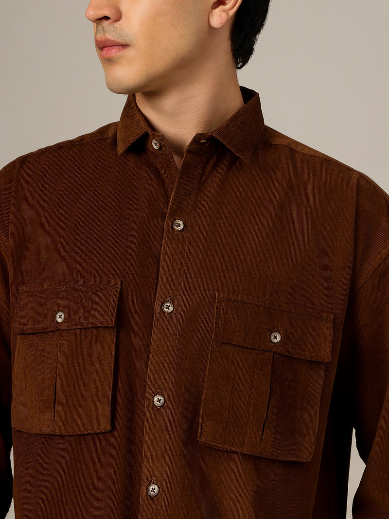 Brown: Textured Oversized Drop-Shoulder Corduroy Shirt
