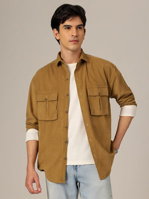 Beige: Textured Oversized Drop-Shoulder Corduroy Shirt