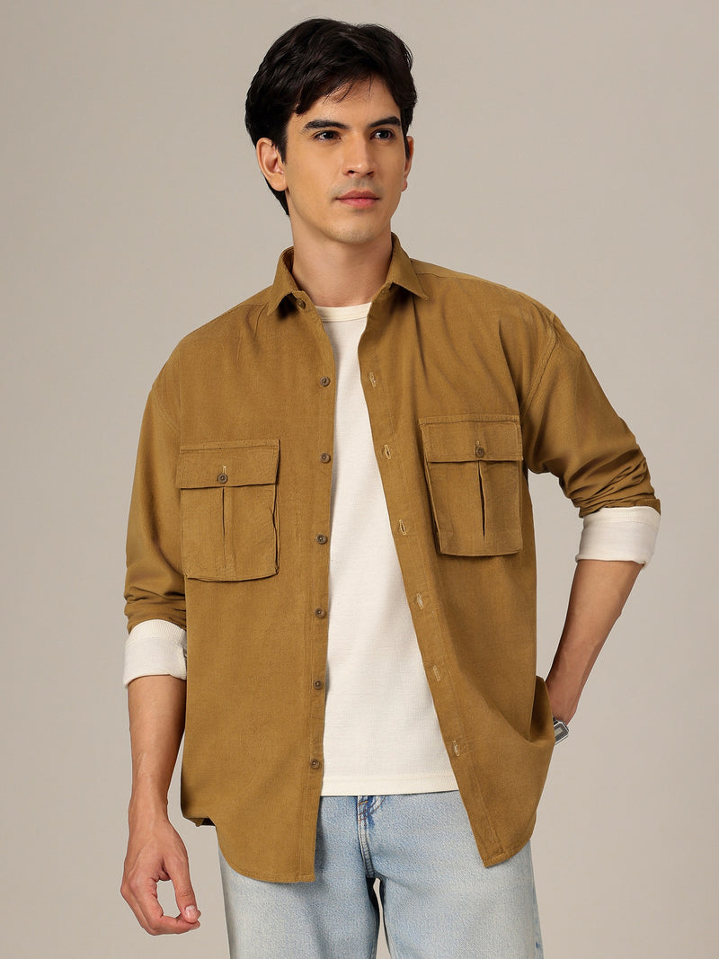 Beige: Textured Oversized Drop-Shoulder Corduroy Shirt