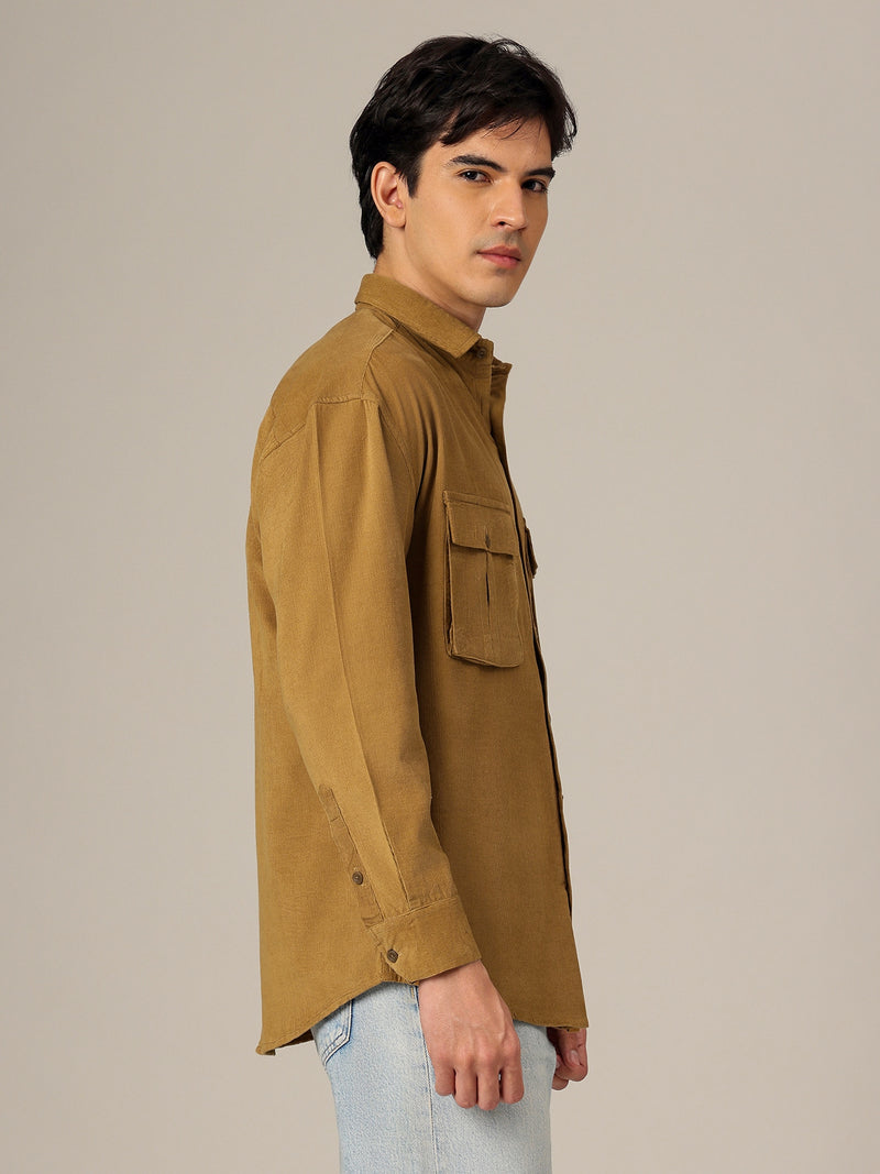Beige: Textured Oversized Drop-Shoulder Corduroy Shirt