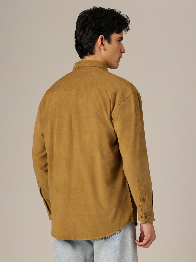 Beige: Textured Oversized Drop-Shoulder Corduroy Shirt