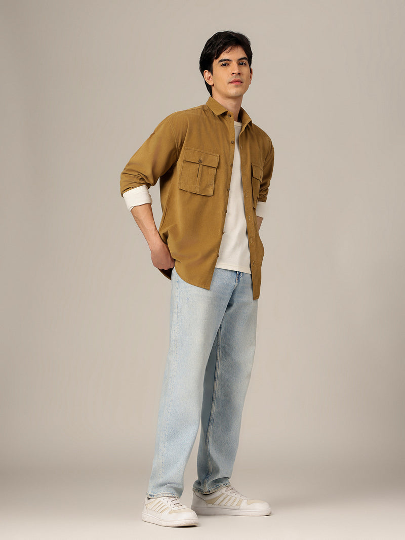 Beige: Textured Oversized Drop-Shoulder Corduroy Shirt