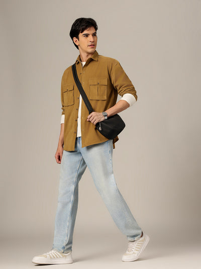 Beige: Textured Oversized Drop-Shoulder Corduroy Shirt