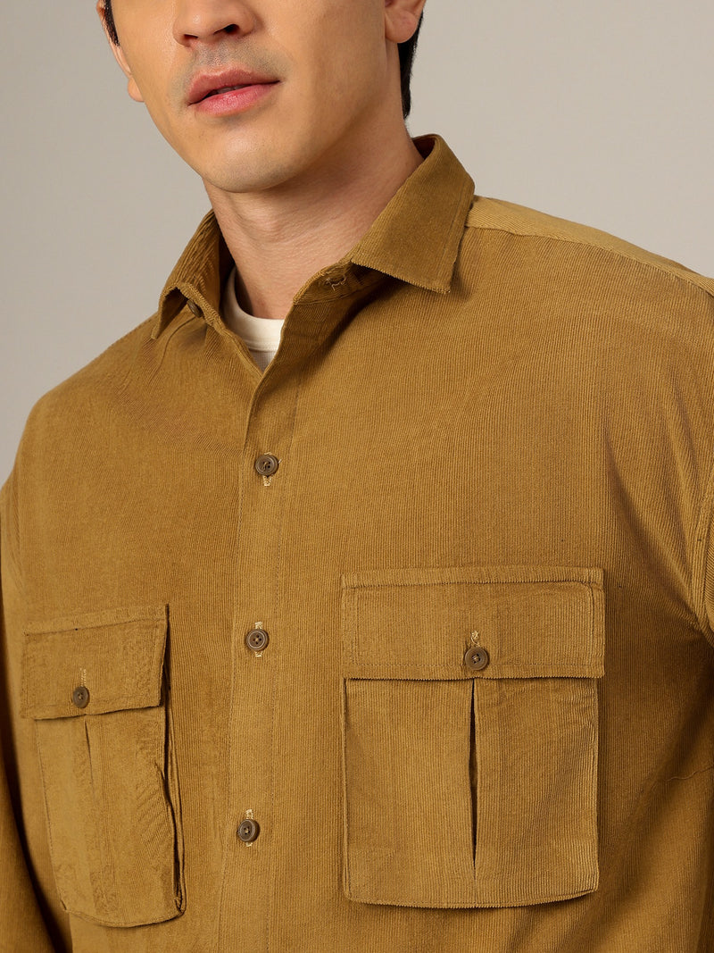 Beige: Textured Oversized Drop-Shoulder Corduroy Shirt