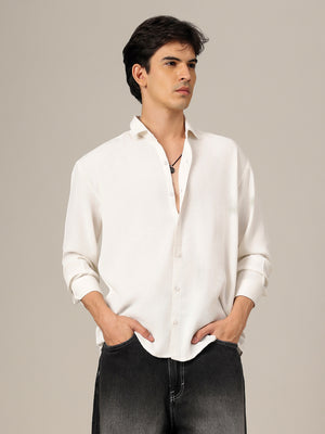 White: Textured Oversized Drop-Shoulder Casual Shirt