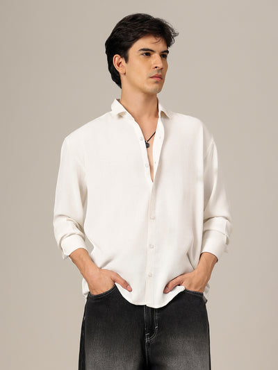 White: Textured Oversized Drop-Shoulder Casual Shirt