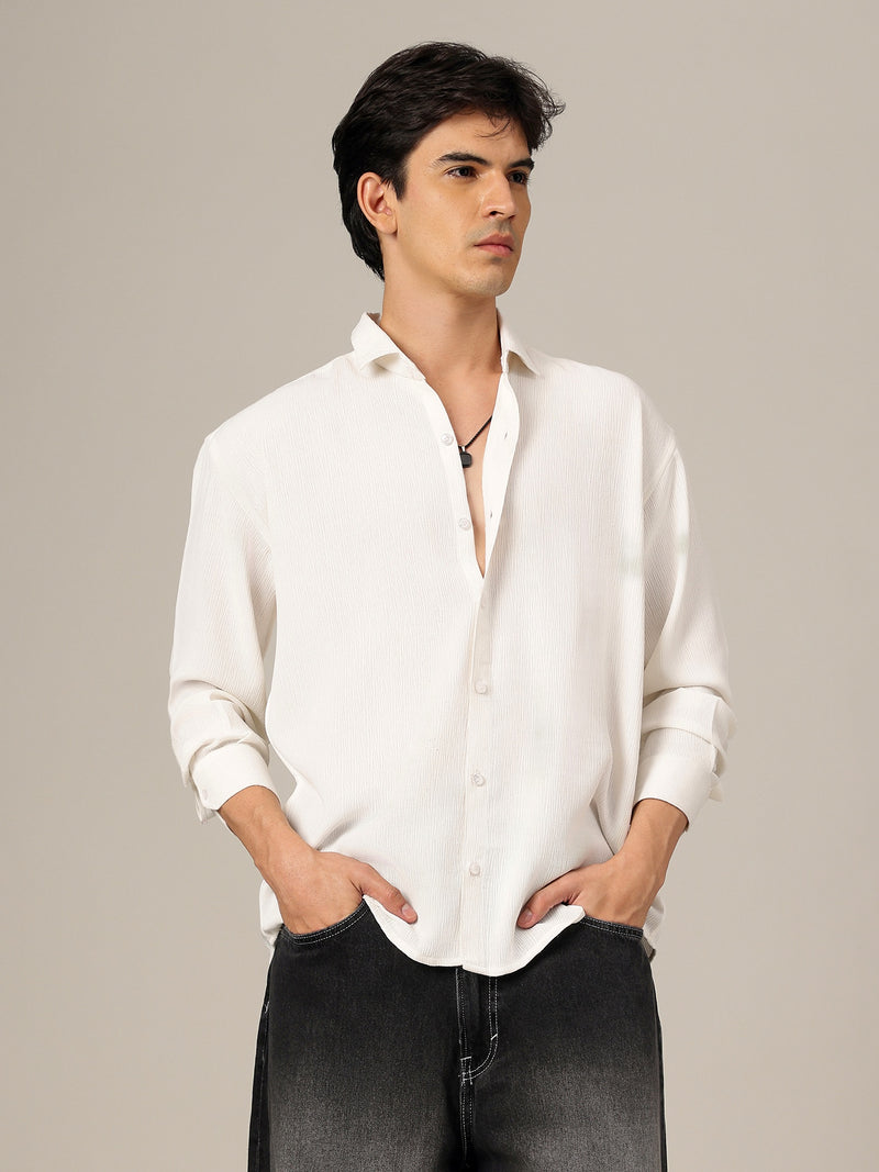 White: Textured Oversized Drop-Shoulder Casual Shirt