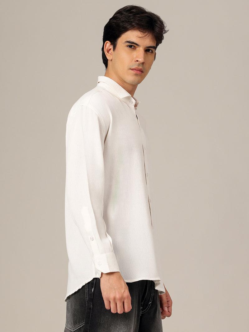 White: Textured Oversized Drop-Shoulder Casual Shirt