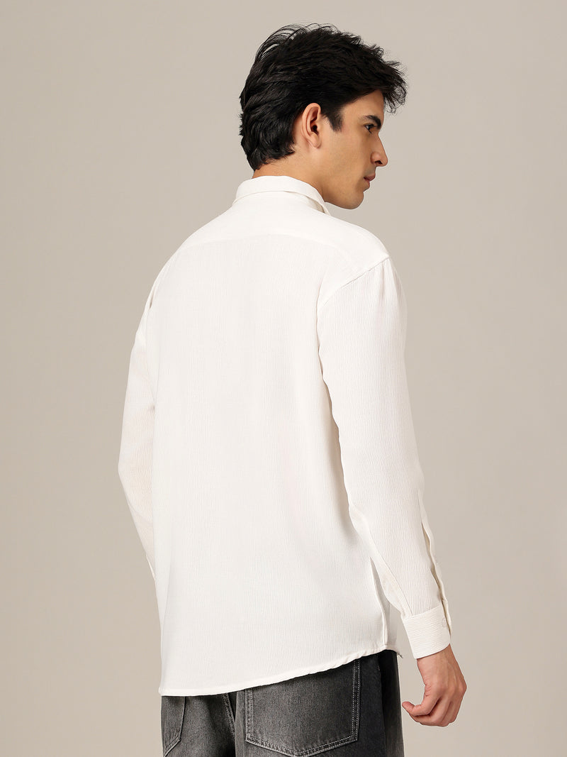White: Textured Oversized Drop-Shoulder Casual Shirt