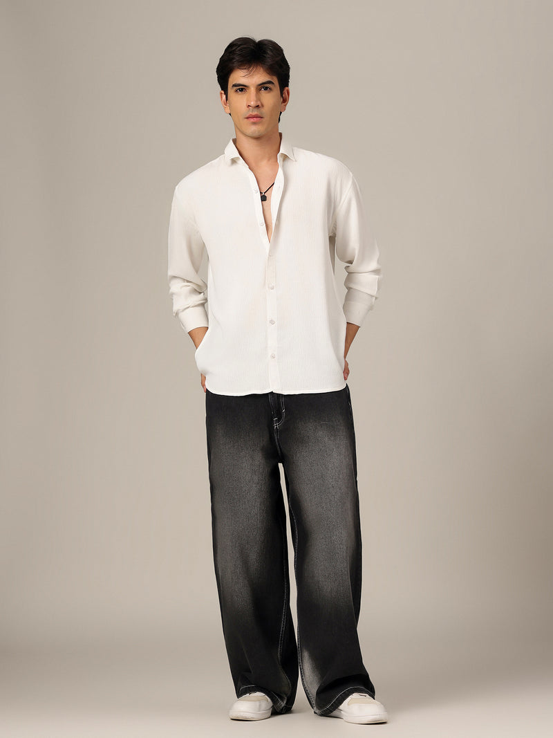 White: Textured Oversized Drop-Shoulder Casual Shirt