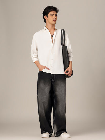 White: Textured Oversized Drop-Shoulder Casual Shirt