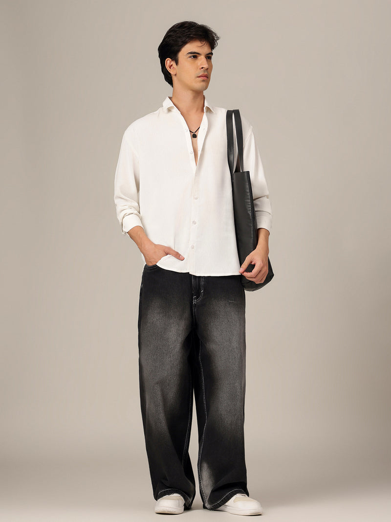 White: Textured Oversized Drop-Shoulder Casual Shirt