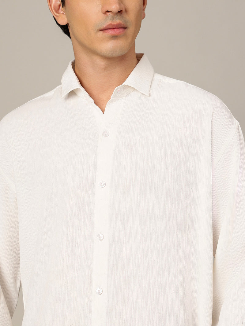 White: Textured Oversized Drop-Shoulder Casual Shirt