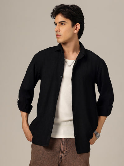 Black: Textured Oversized Drop-Shoulder Casual Shirt