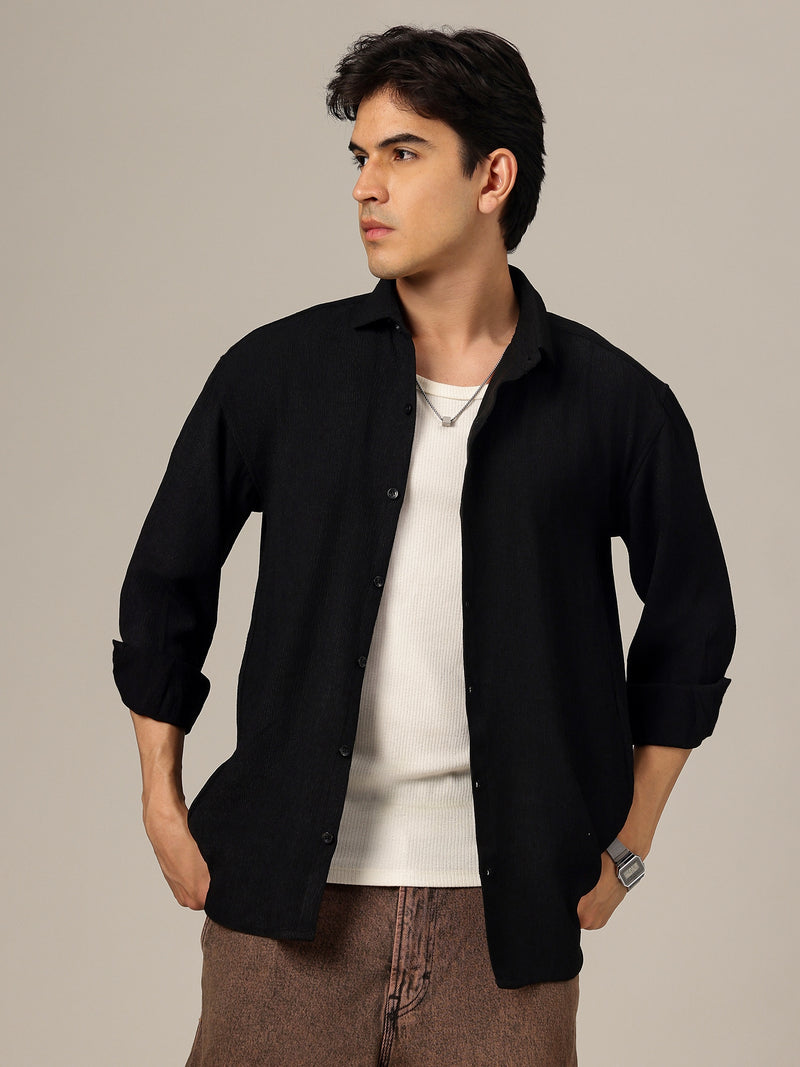 Black: Textured Oversized Drop-Shoulder Casual Shirt