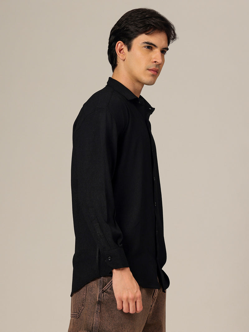Black: Textured Oversized Drop-Shoulder Casual Shirt