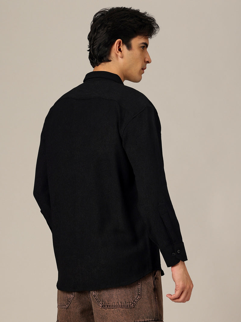 Black: Textured Oversized Drop-Shoulder Casual Shirt