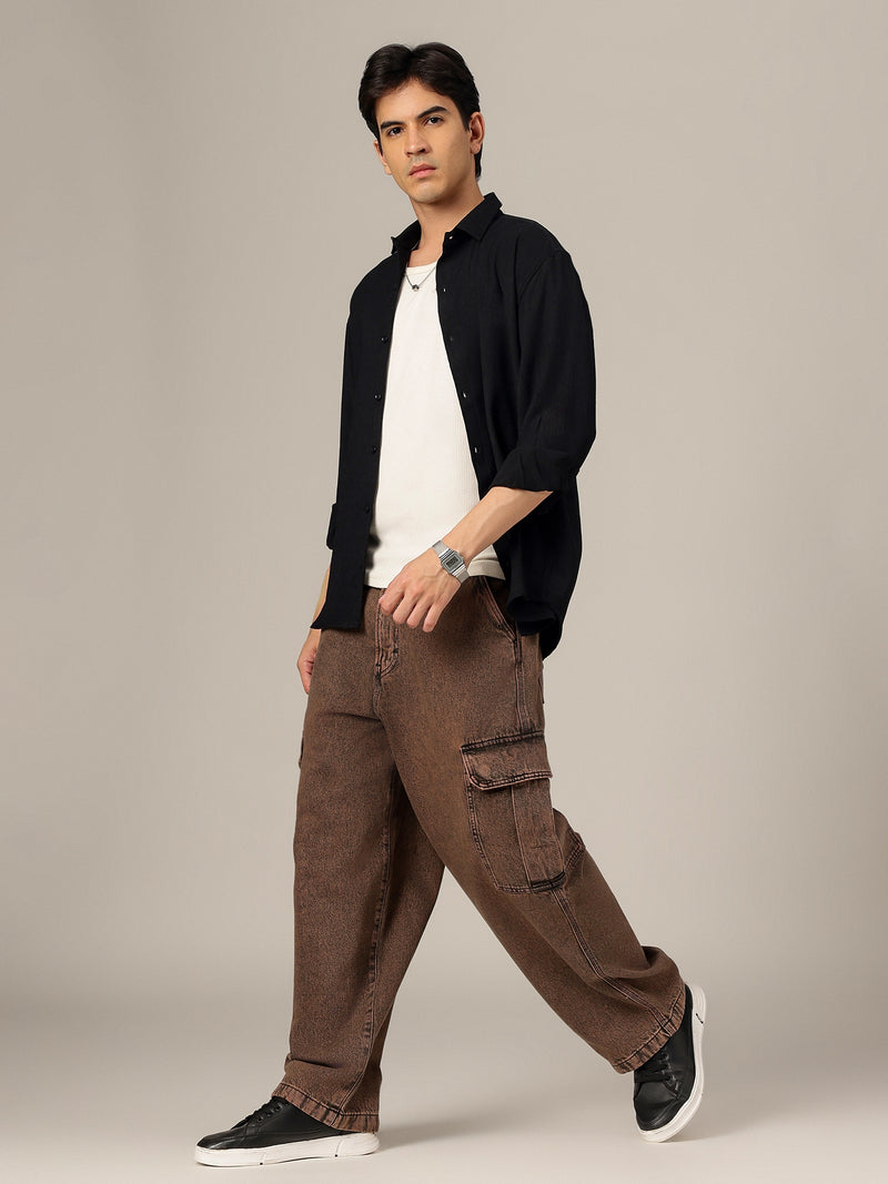 Black: Textured Oversized Drop-Shoulder Casual Shirt