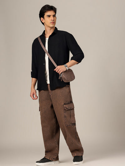 Black: Textured Oversized Drop-Shoulder Casual Shirt