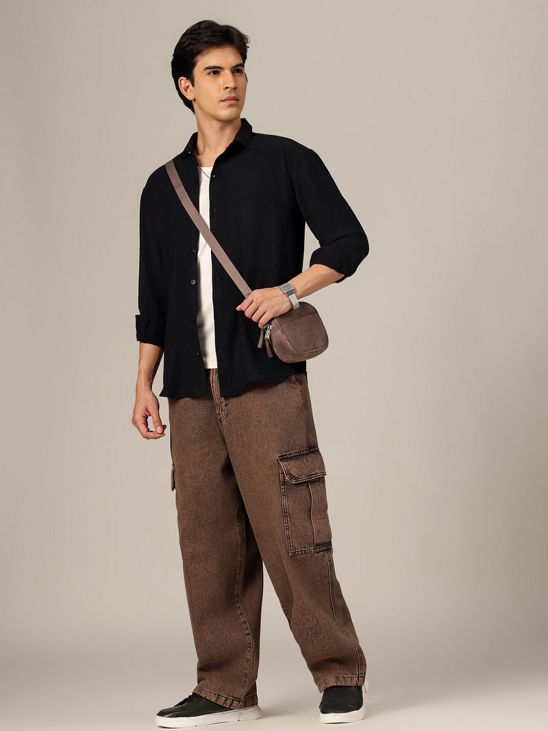 Black: Textured Oversized Drop-Shoulder Casual Shirt