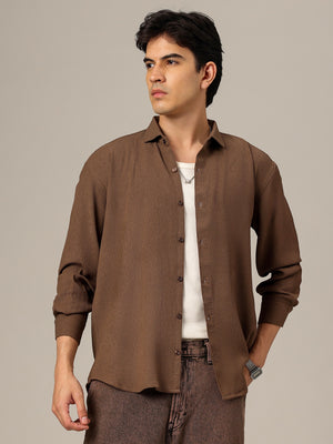 Brown: Textured Oversized Drop-Shoulder Casual Shirt