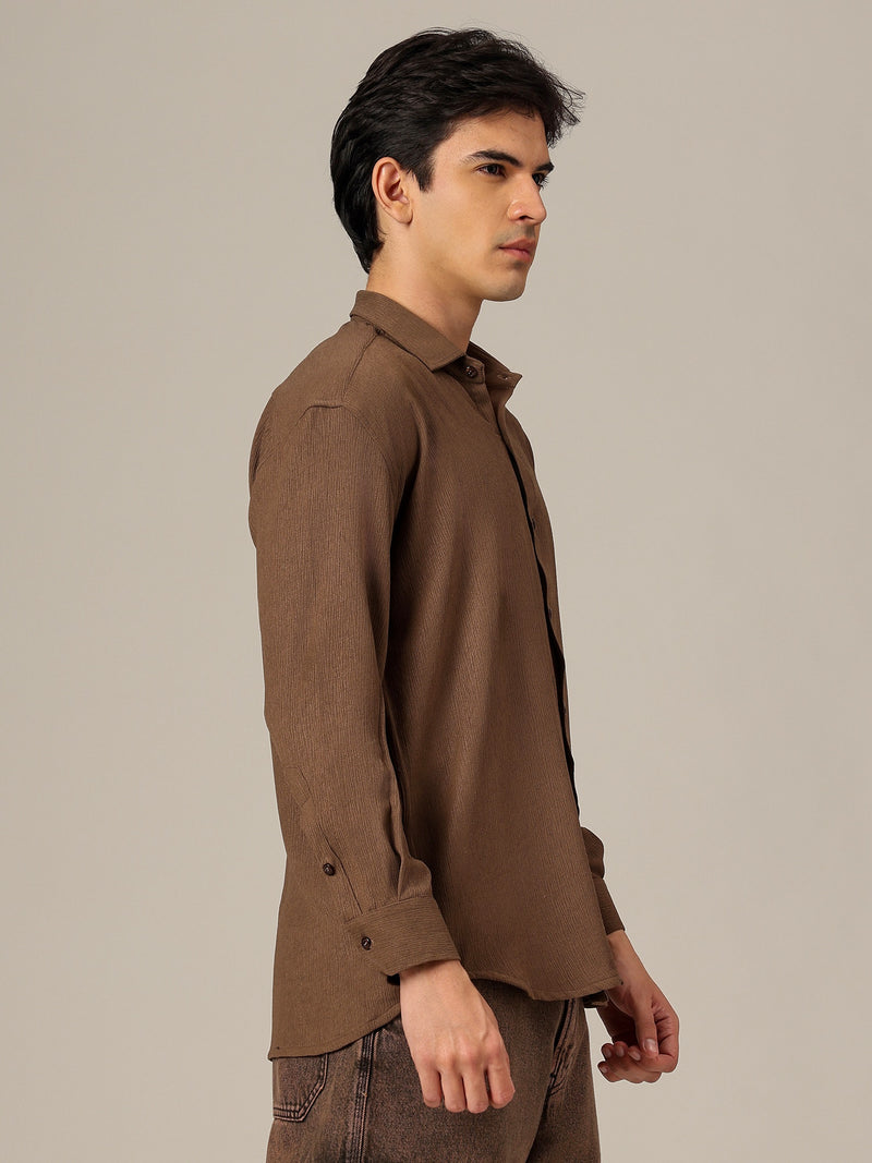 Brown: Textured Oversized Drop-Shoulder Casual Shirt