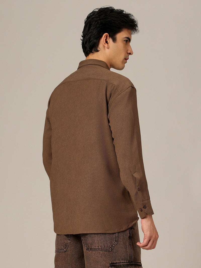 Brown: Textured Oversized Drop-Shoulder Casual Shirt