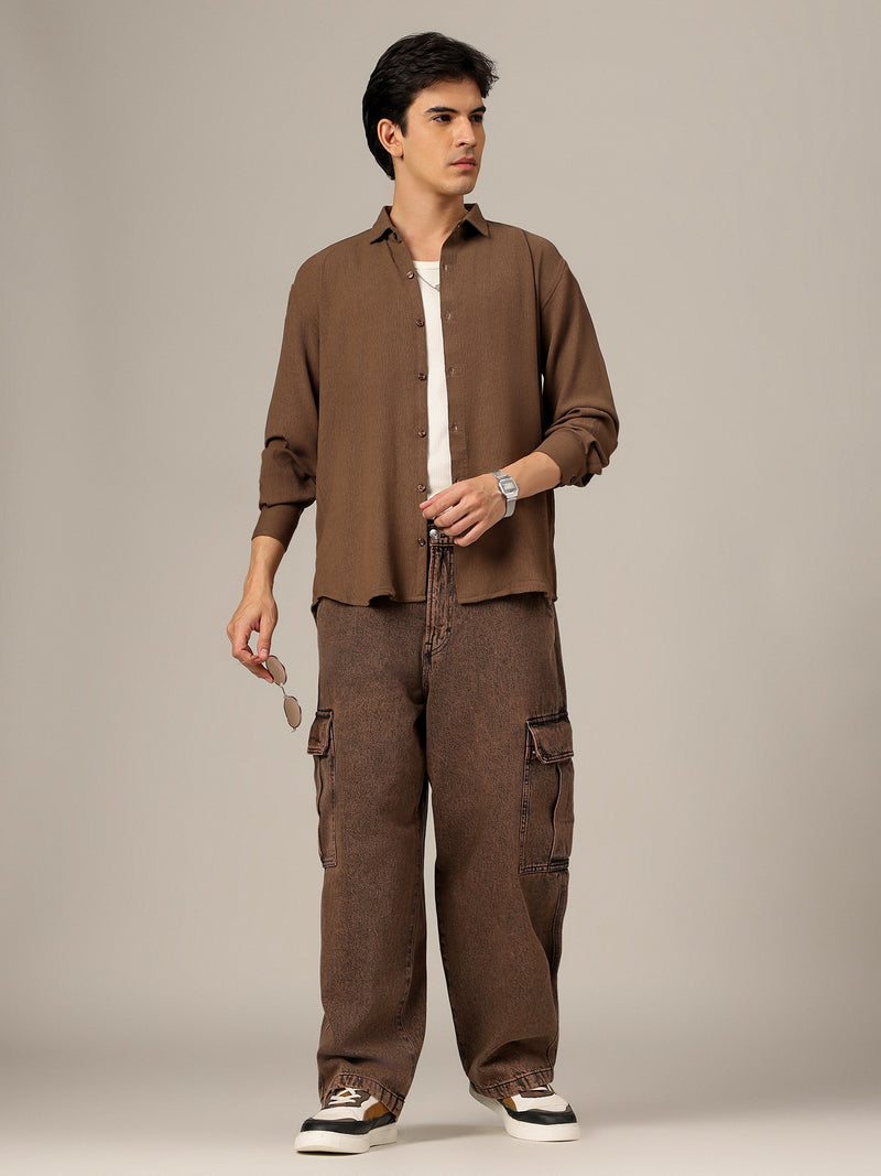Brown: Textured Oversized Drop-Shoulder Casual Shirt