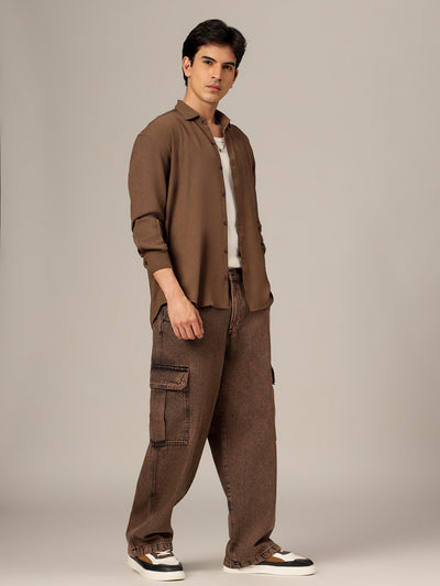 Brown: Textured Oversized Drop-Shoulder Casual Shirt