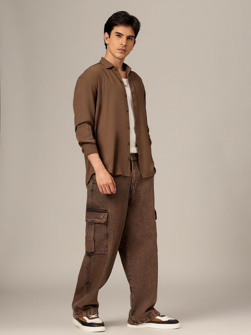 Brown: Textured Oversized Drop-Shoulder Casual Shirt