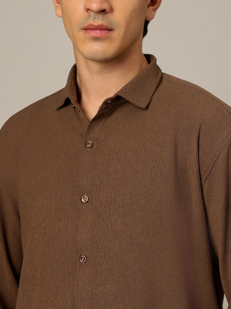 Brown: Textured Oversized Drop-Shoulder Casual Shirt