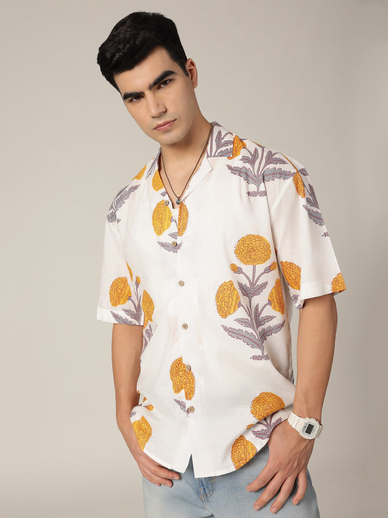 White & Mustard: Block Printed Oversized Drop-Shoulder Casual Shirt