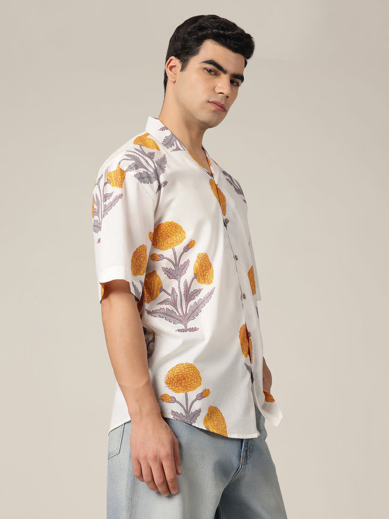 White & Mustard: Block Printed Oversized Drop-Shoulder Casual Shirt