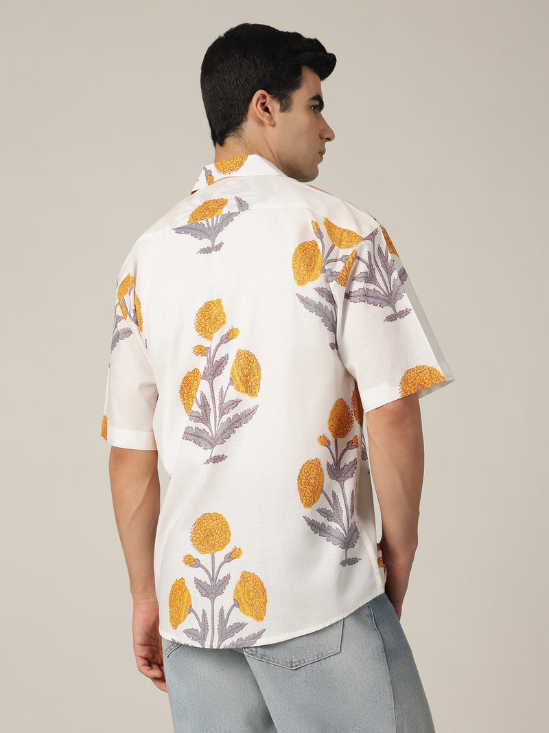 White & Mustard: Block Printed Oversized Drop-Shoulder Casual Shirt