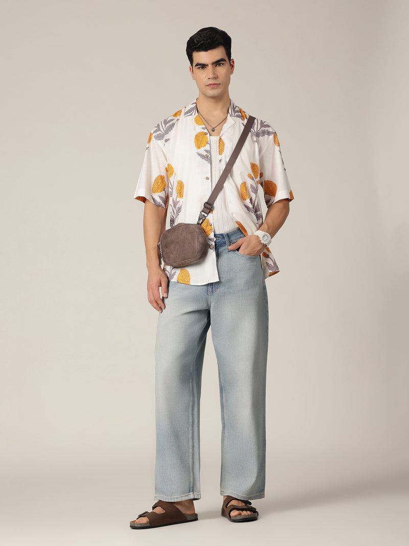 White & Mustard: Block Printed Oversized Drop-Shoulder Casual Shirt