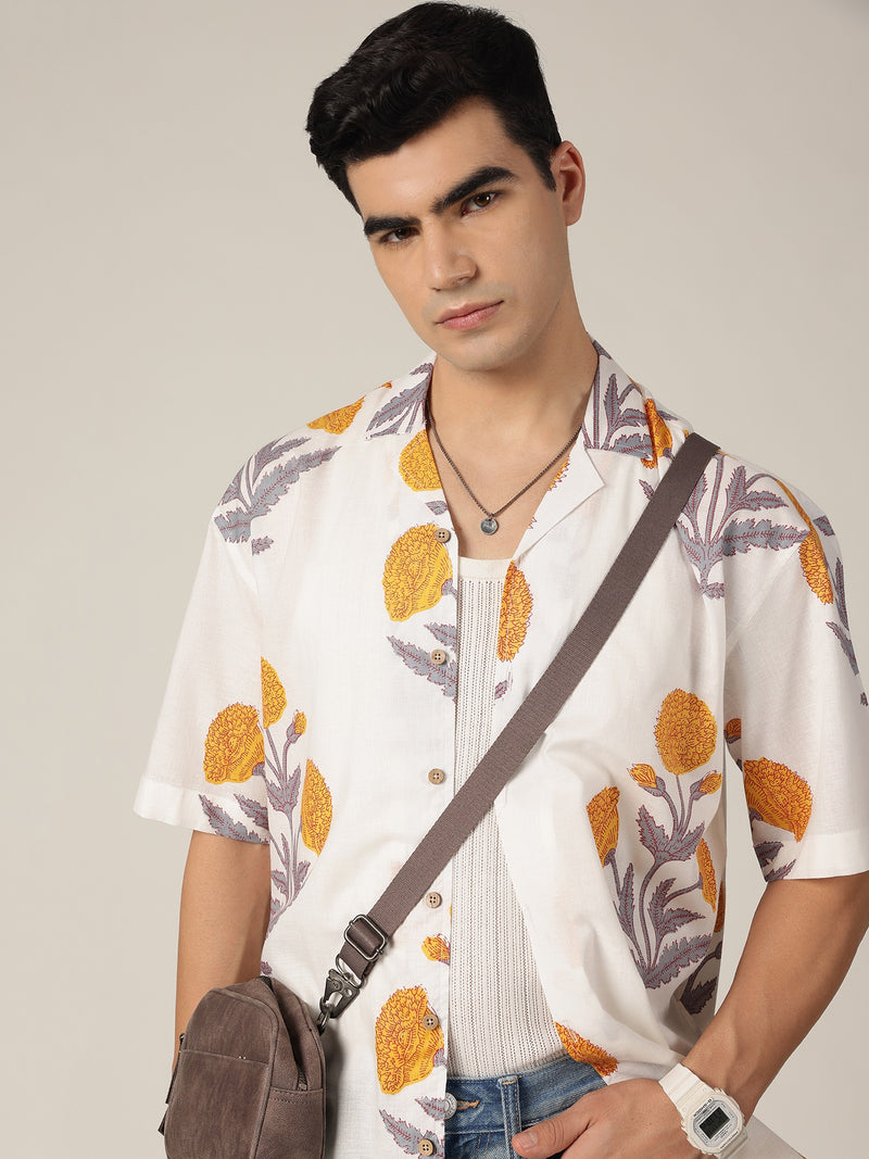 White & Mustard: Block Printed Oversized Drop-Shoulder Casual Shirt