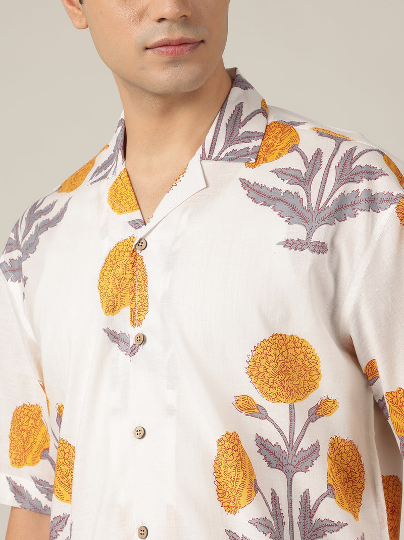 White & Mustard: Block Printed Oversized Drop-Shoulder Casual Shirt