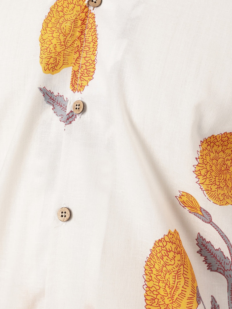 White & Mustard: Block Printed Oversized Drop-Shoulder Casual Shirt