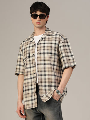 Brown & Cream Checked Oversized Cotton Shirt