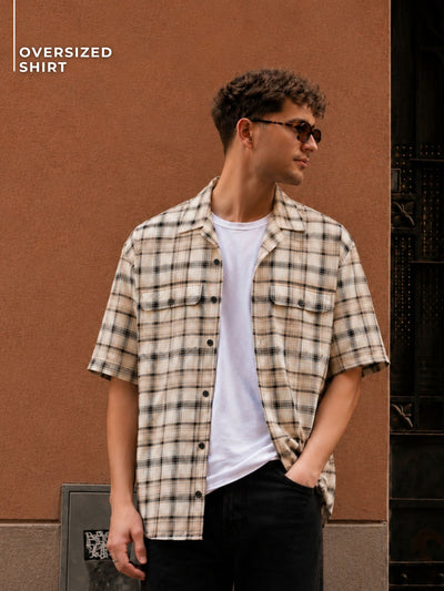 Brown & Cream Checked Oversized Cotton Shirt