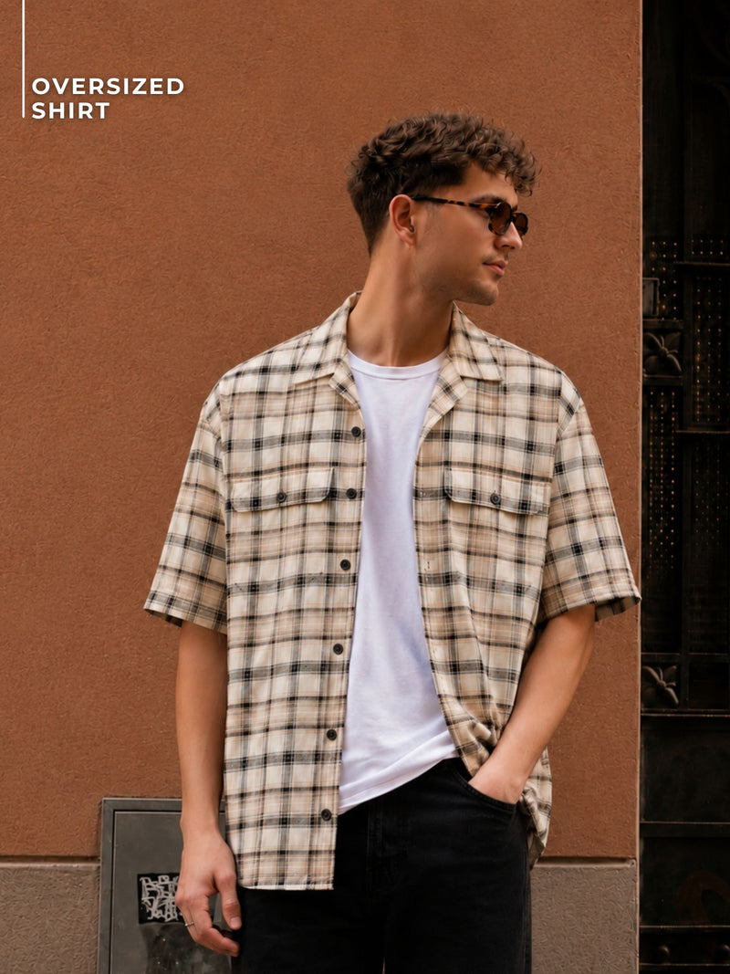 Brown & Cream Checked Oversized Cotton Shirt