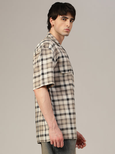 Brown & Cream Checked Oversized Cotton Shirt