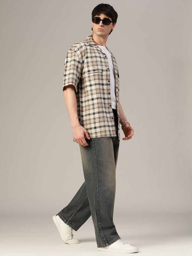 Brown & Cream Checked Oversized Cotton Shirt