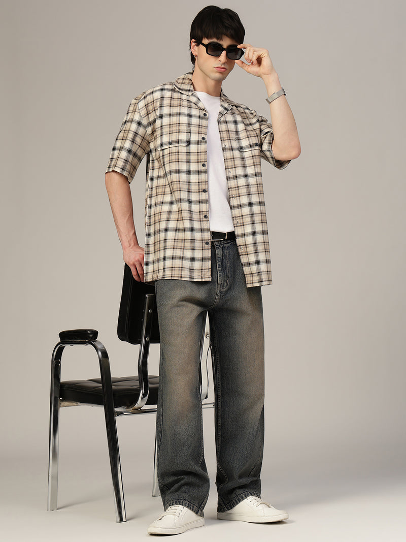 Brown & Cream Checked Oversized Cotton Shirt