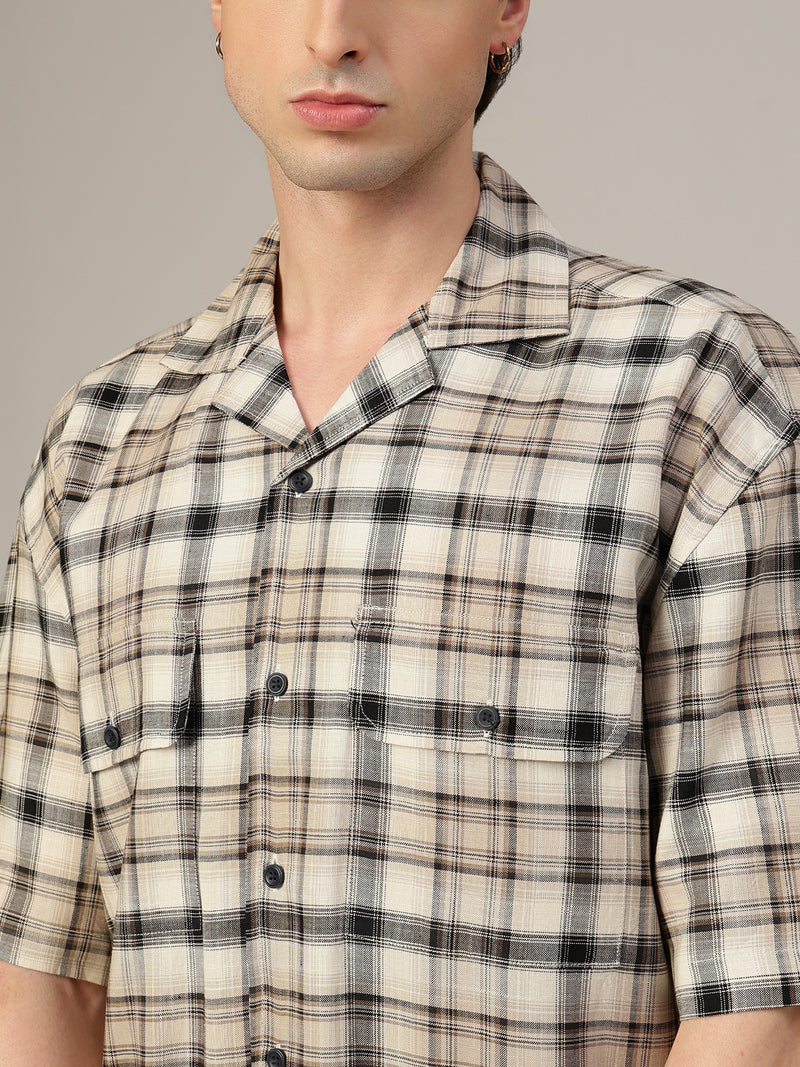 Brown & Cream Checked Oversized Cotton Shirt