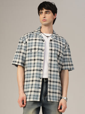 Blue & Cream Checked Oversized Cotton Shirt